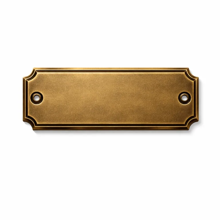 A classic rectangular antique brass nameplate featuring two clean screw holes on each end, crisp beveled edge, and a smooth flat surface. Ideal for mounting on doors or cabinets.