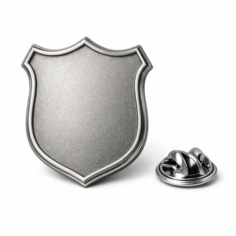 Detailed studio image of a shield silhouette vintage badge manufactured in metal with a matte nickel finish and sandblasted matte texture. Features a butterfly clutch back for secure attachment, suitable for organization insignia.