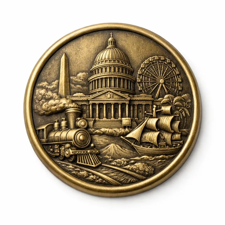gr antique brass vintage relief A classic round antique brass vintage souvenir featuring a detailed 3D relief emblem and a soft rounded edge. The solid brass piece boasts an antique finish for a timeless, collectible look. No color fill included.