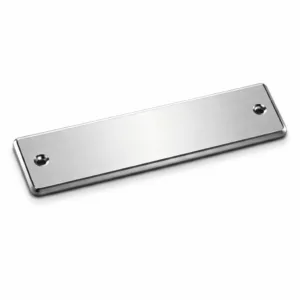 A highly detailed rectangular appliance brand nameplate, made of brushed stainless steel with crisp beveled edges. Two precision screw holes are visible on each end, designed for secure attachment. Photographed in a high realism studio setup with a white background.