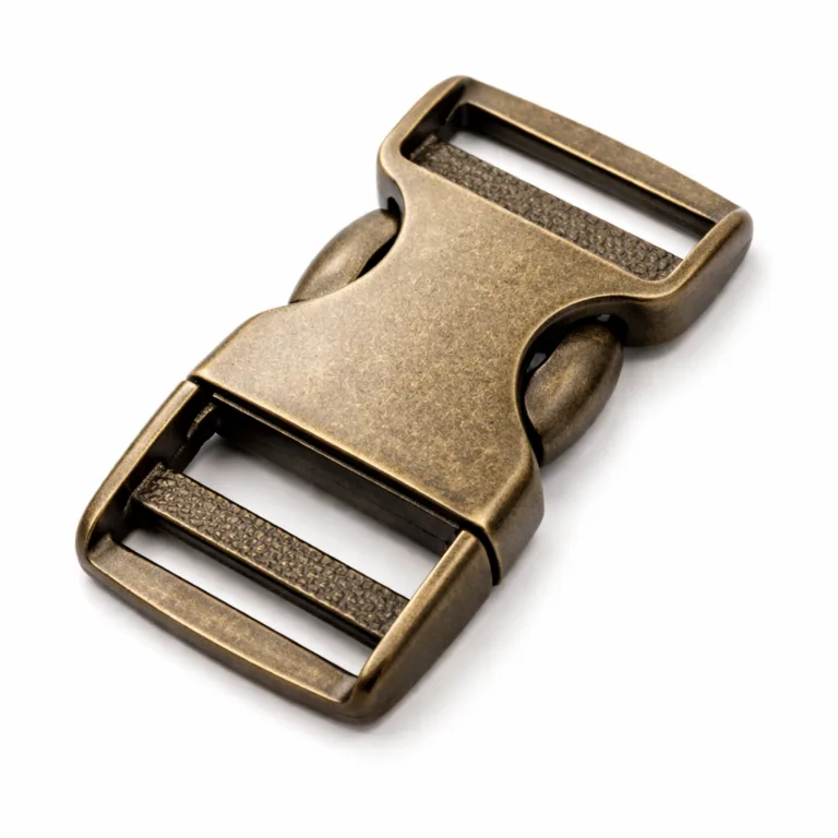 A flat 2D backpack strap buckle in antique brass, featuring a sandblasted matte surface for a vintage look. Perfect for rugged or heritage-style packs.