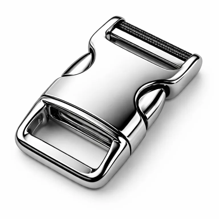 A backpack strap buckle shown in polished shiny nickel with a high-gloss mirror finish and smoothly rounded edges. Offers a premium appearance for high-end packs.