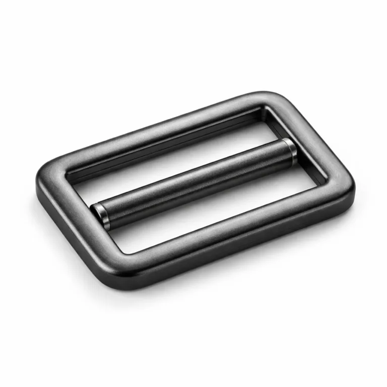 Stainless steel bag strap buckle hardware with a contemporary matte black nickel finish and sandblasted matte texture. The flat rectangular shape emphasizes minimalism and modern aesthetics, photographed in studio for clear product detail.