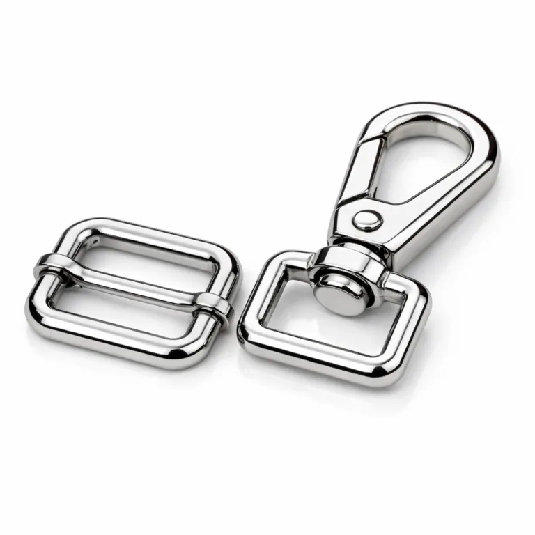 A bag strap buckle hardware crafted from zinc alloy with a shiny nickel-plated polished mirror surface and crisp beveled edge. Ideal for premium handbags, this variant offers a sleek and modern look, photographed on a pure white background for e-commerce.