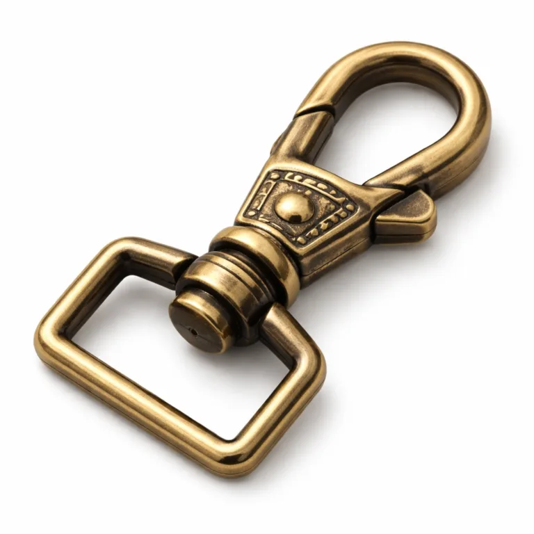 A bag strap clasp hook manufactured from brass with an antique brass finish and crisp beveled edge. Notable for its 3D relief detailing, giving the clasp a classic, ornamental appearance.