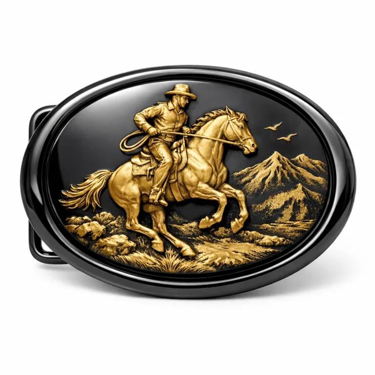 Sophisticated oval-shaped fashion belt buckle with a striking black nickel finish and sculpted 3D relief center. Smooth edge adds a touch of elegance, ideal for high-end accessories.