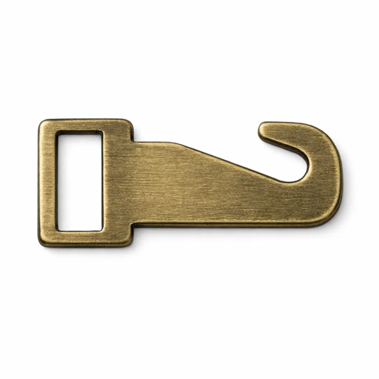 Flat profile belt hook clasp shown in antique brass with a brushed surface texture. The simple 2D construction highlights its minimal, functional style. Zinc alloy for sturdy performance.
