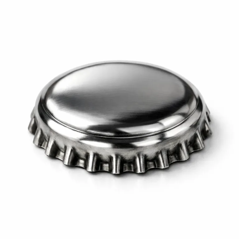 A high-gloss, polished antique silver bottle cap resembling zinc alloy, featuring a crisp beveled edge. Studio photographed with sharp realism, this variant adds a classic metal accent to any bottle.