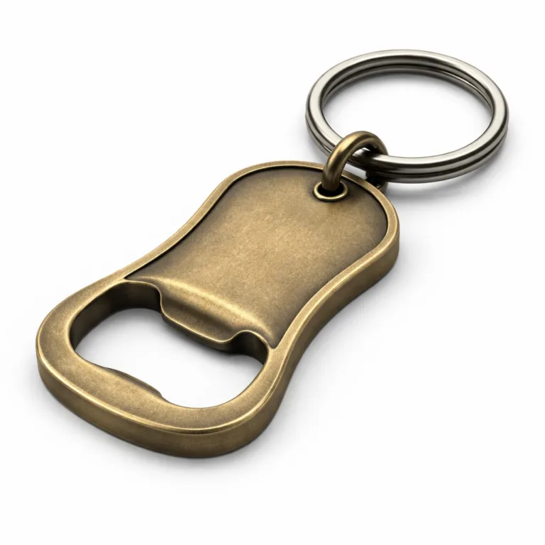 An eye-catching bottle opener keychain crafted in antique brass with soft rounded edges and 3D relief details, attached to a split ring.