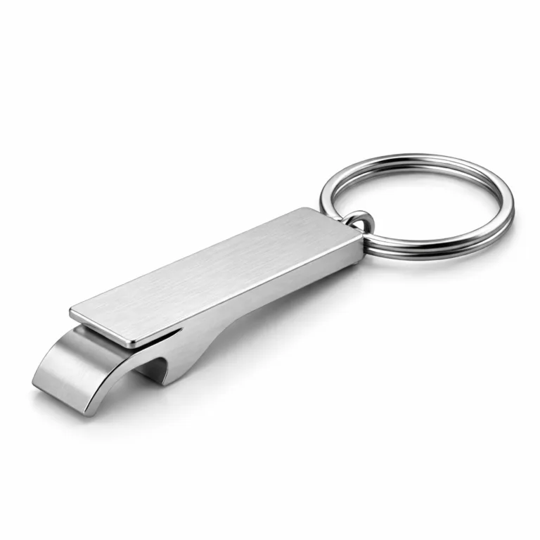 gr bottle opener keychain brushed nickel A sleek, flat rectangular bottle opener keychain made from brushed silver zinc alloy, featuring a classic split ring attachment suitable for everyday use.