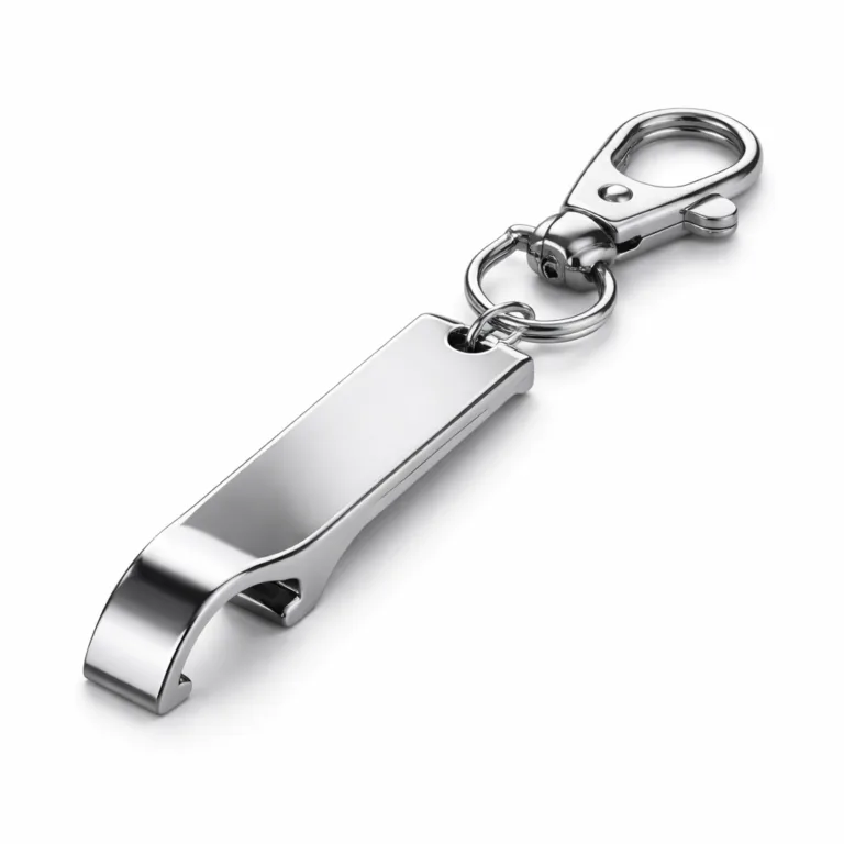 A modern bottle opener keychain made of polished mirror stainless steel, featuring crisp beveled edges and a secure lobster clasp attachment.