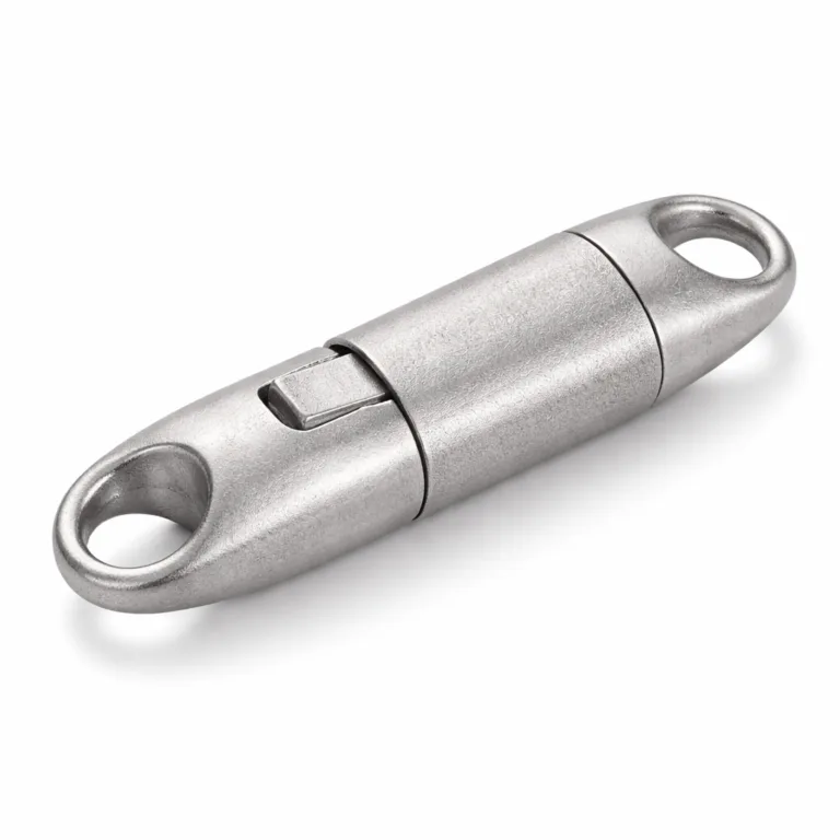 Realistic product photo of a bracelet clasp connector made to resemble stainless steel, featuring a matte silver sandblasted finish and a sleek, 2D flat profile.