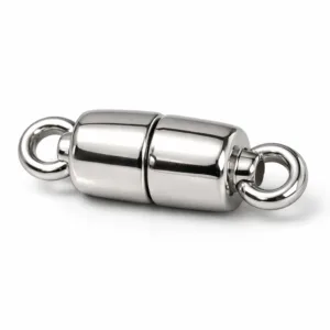 High realism studio photo of a zinc alloy bracelet clasp connector featuring a shiny nickel plating and soft rounded edges for a modern look.