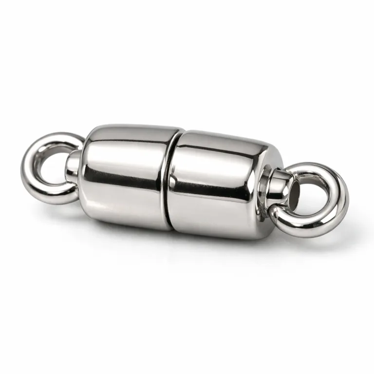 High realism studio photo of a zinc alloy bracelet clasp connector featuring a shiny nickel plating and soft rounded edges for a modern look.
