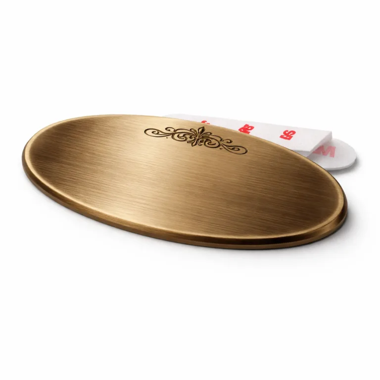 Oval brass nameplate in a brushed antique brass finish, soft rounded edges, engraved emblem, and visible adhesive back attachment for easy installation.