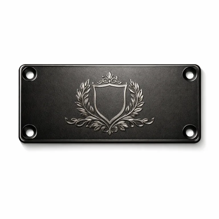Rectangular nameplate with a sandblasted matte black nickel plated finish, 2D flat design, engraved emblem, and precision screw holes for secure attachment.