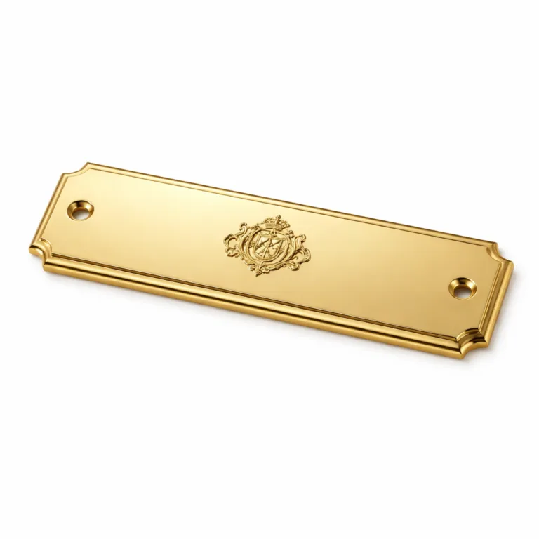 Rectangular brass nameplate featuring a polished gold plated finish, crisp beveled edges, and two screw holes for mounting. Central area showcases an engraved emblem.