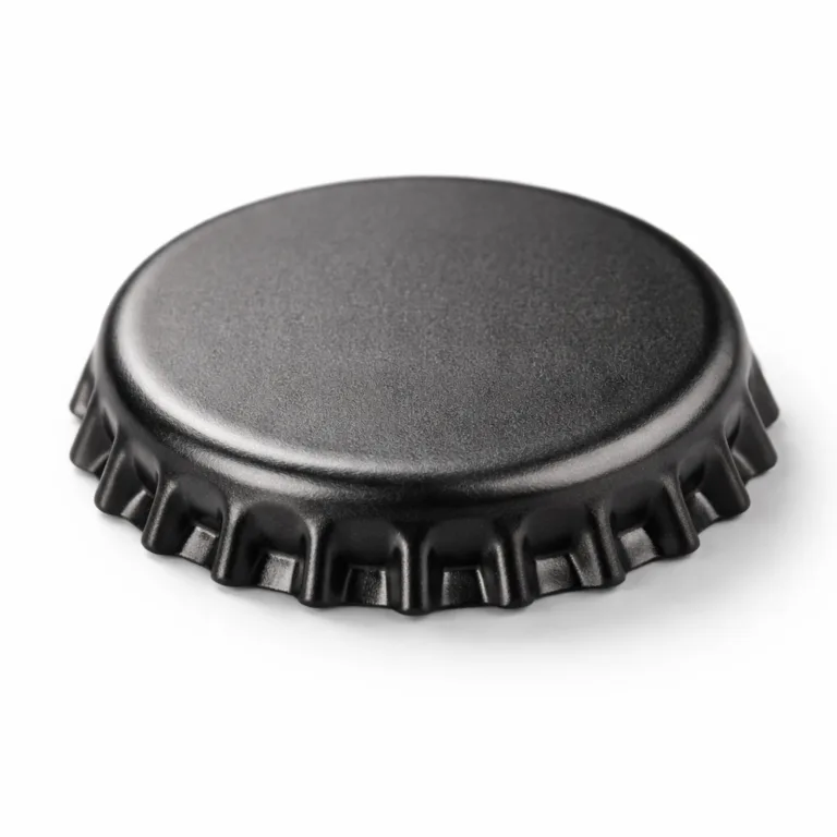 A modern matte black nickel plated bottle cap featuring a sandblasted matte finish and 2D flat surface for contemporary beverage packaging solutions.
