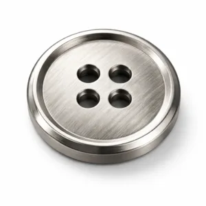 A sharp, detailed studio photo of a zinc alloy brushed nickel shirt button featuring a crisp beveled edge. Modern and sleek with subtle texture, perfect for tailored shirts.