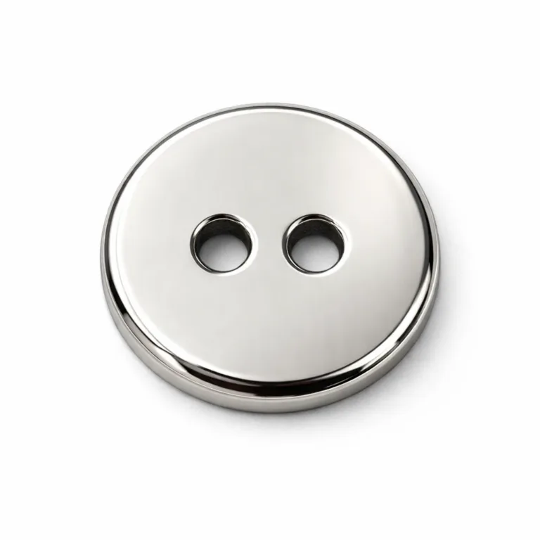Studio image of a flat, 2D design brushed nickel shirt button with a polished mirror finish. The highly reflective surface gives a sleek and contemporary look for fashionable shirts.