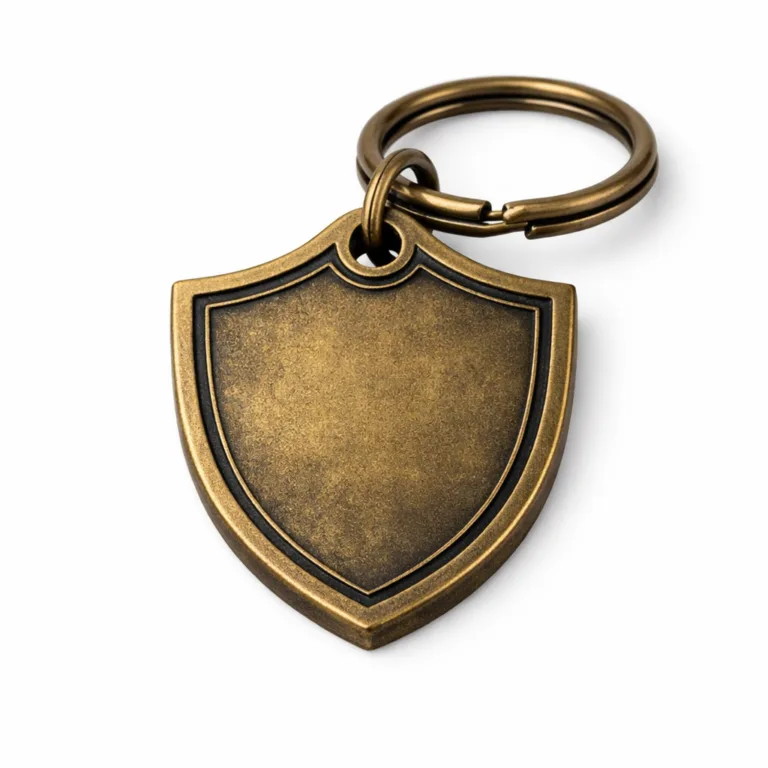 A shield-shaped car dealer key tag with an antique brass finish and a debossed emblem, featuring a flat 2D border and accompanied by a split ring, perfect for an elegant vintage look.