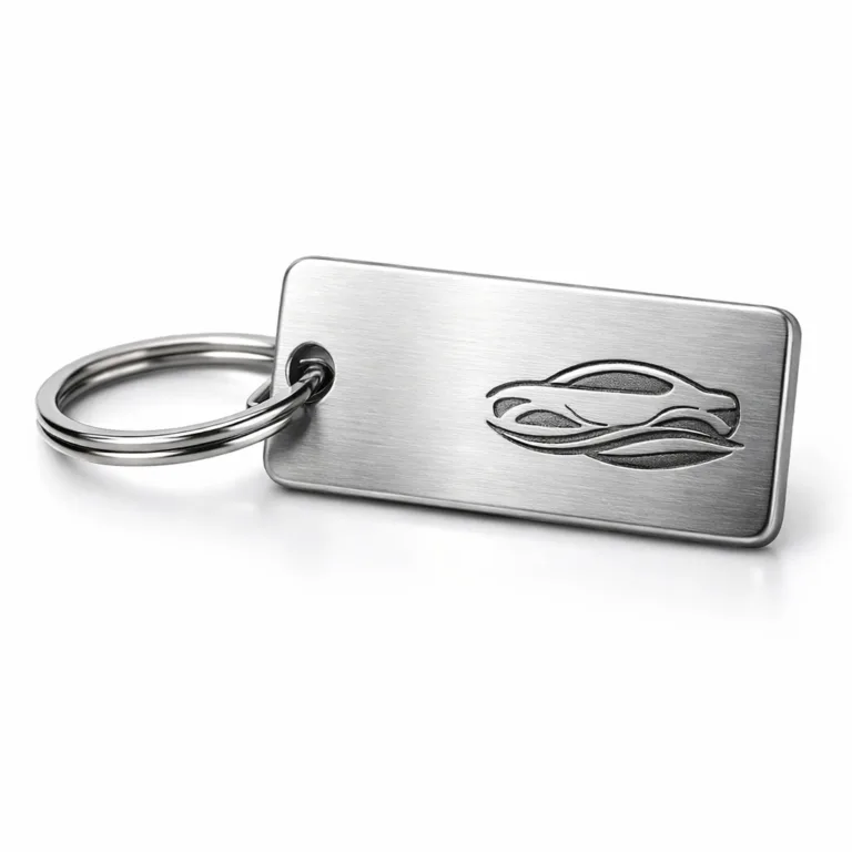 gr car dealer key tag brushed A rectangular car dealer key tag in brushed silver zinc alloy, featuring an engraved emblem and smooth rounded edges, attached to a classic split ring. Ideal for highlighting minimalist quality in an automotive context.