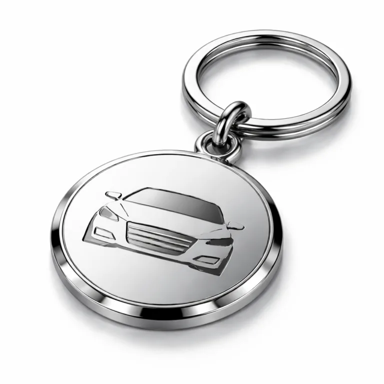 A round car dealer key tag in polished mirror nickel finish with an embossed emblem, crisp beveled edge, and split ring attachment—reflecting modern and premium automotive presentation.