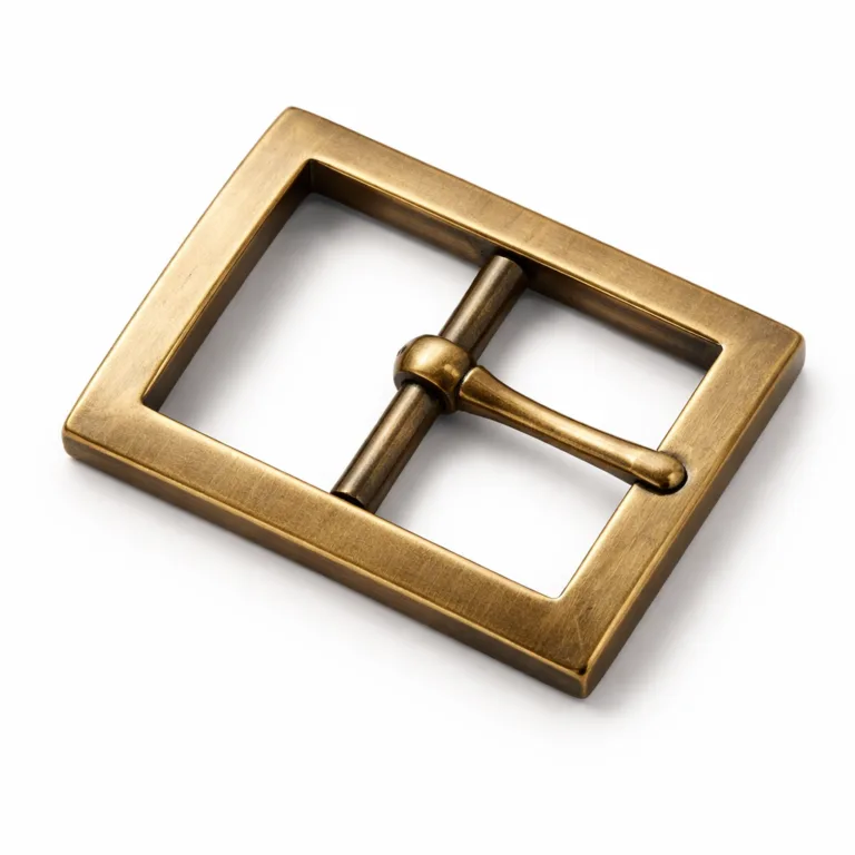 A sophisticated center-bar belt buckle crafted in a brass look with an antique brass finish, featuring a flat profile and crisp beveled edge. The perfect variant for those seeking vintage-inspired accessory options.