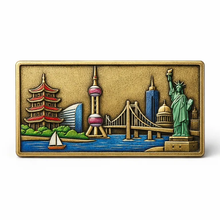 A rectangular City Landmark Souvenir Token resembling antique brass with a sandblasted matte finish. Features a flat 2D surface, accented with soft enamel color fill highlights depicting the cityscape for a vivid and collectible appearance.