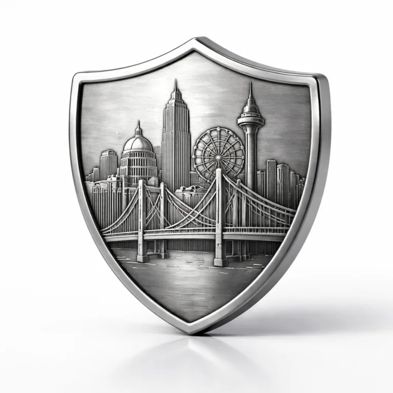 This shield-shaped City Landmark Souvenir Token features a brushed stainless steel appearance with smooth, rounded edges. The minimalist design emphasizes a clean metallic texture with no enamel fill, ideal for contemporary souvenir preferences.