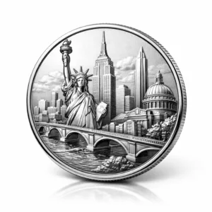 A round City Landmark Souvenir Token crafted from zinc alloy with a polished, shiny nickel finish. Features a crisp beveled edge and raised 3D relief design representing an iconic city landmark. Perfect for collectors and tourists.
