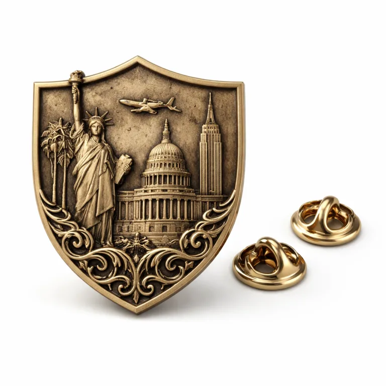 Collector Series Metal Souvenir in an antique brass finish, crisp shield silhouette, detailed 3D relief front over a sandblasted matte background, and equipped with a traditional butterfly clutch pin back.
