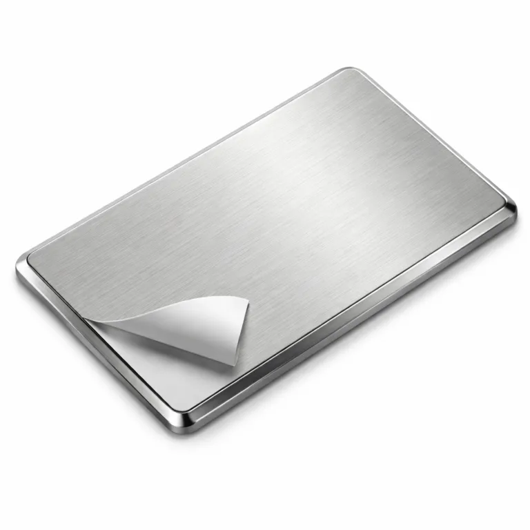 Collector Series Metal Souvenir featuring a modern brushed stainless steel appearance, rectangular shape with crisp beveled edges, flat surface with no enamel, and an adhesive back plate for easy mounting.