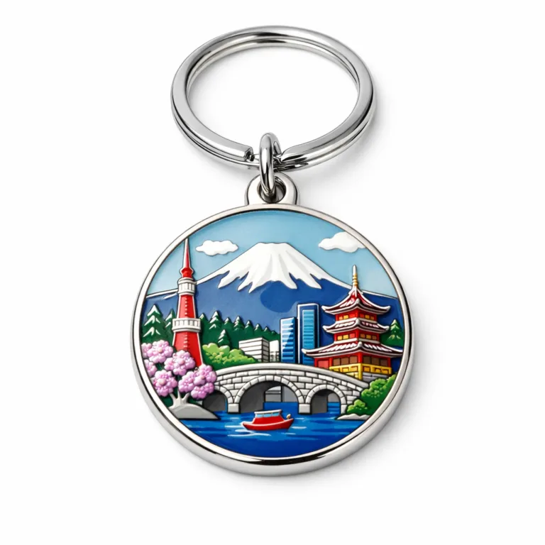 Collector Series Metal Souvenir crafted in zinc alloy with a shiny nickel plated finish, polished mirror surface, round design, featuring soft enamel color fill on the front, and attached to a classic split ring.