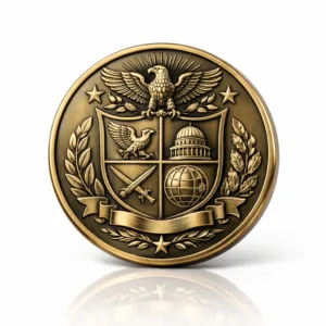 A commemorative metal coin souvenir with a polished antique brass look, featuring a mirror smooth surface, soft rounded edge, and intricate emblem detailing without color filling.