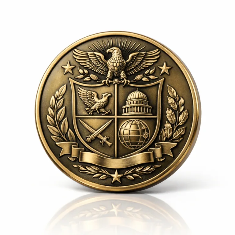 gr commemorative metal coin antique brass polished A commemorative metal coin souvenir with a polished antique brass look, featuring a mirror smooth surface, soft rounded edge, and intricate emblem detailing without color filling.