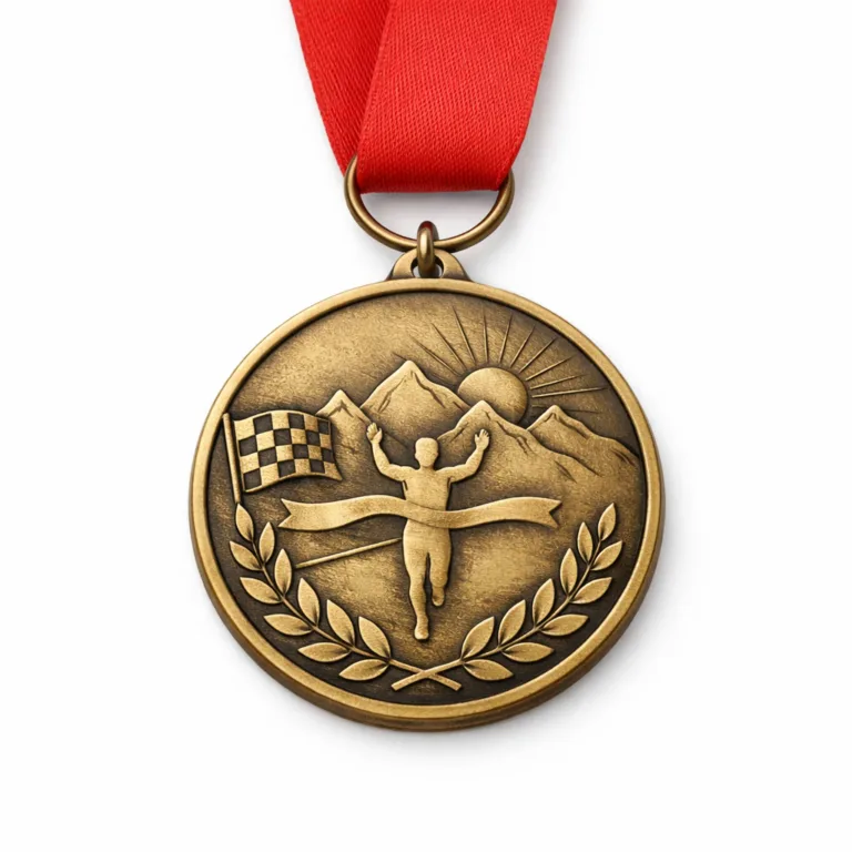 Flat style competition finishers medal in a brass alloy look with an antique brass finish. Showcases an etched 2D surface, soft rounded edges, and a standard ring with a minimal ribbon for presentation.