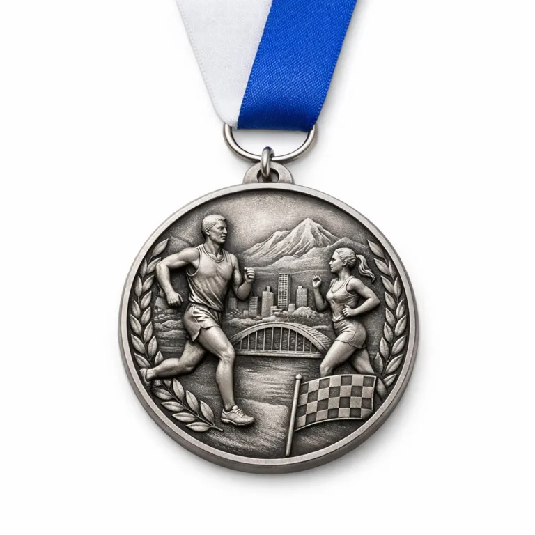 Competition finishers medal crafted from zinc alloy with antique silver plating. Features deep 3D relief artwork, a crisp beveled edge, and is presented with a standard ring and minimal plain ribbon for wearing.