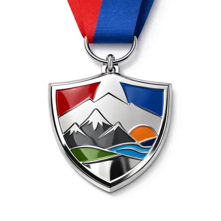 Competition finishers medal with a shiny nickel polished surface, shield silhouette, and subtle soft enamel color filling. Includes a standard ring and a simple, unobtrusive ribbon.