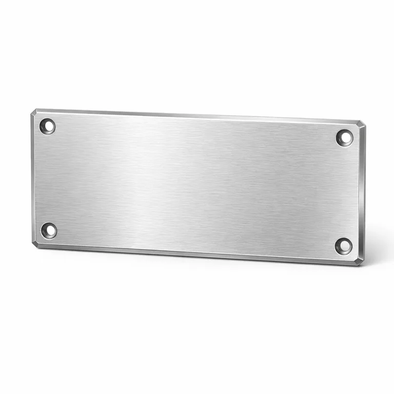 gr control panel nameplate brushed screw A rectangular control panel nameplate made of brushed aluminum, featuring crisp beveled edges and four screw holes in each corner for secure mounting. The surface has a high realism brushed texture, presented as a single product against a seamless white studio background.