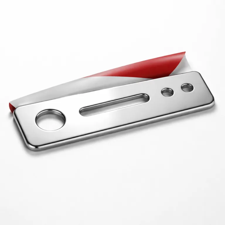 A flat, highly polished zinc alloy control panel nameplate, reflecting light with a mirror-like finish. Designed for adhesive attachment, the back is shown slightly lifted to display the peel-off adhesive area. Presented as a solo item on a crisp white background.