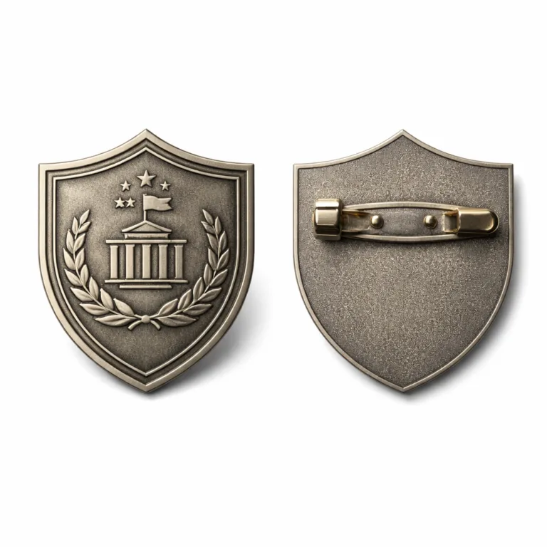 Shield-shaped corporate brand badge with a matte antique silver finish and flat 2D relief, manufactured using brass, featuring an engraved emblem without color fill and a traditional safety pin backing.