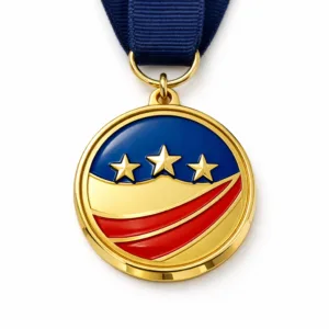 A shiny gold zinc alloy corporate recognition medal featuring vibrant blue and red soft enamel accents, a crisply beveled edge, and a standard ring with a minimalist navy ribbon. The high realism and sharp detail make it ideal for e-commerce display.
