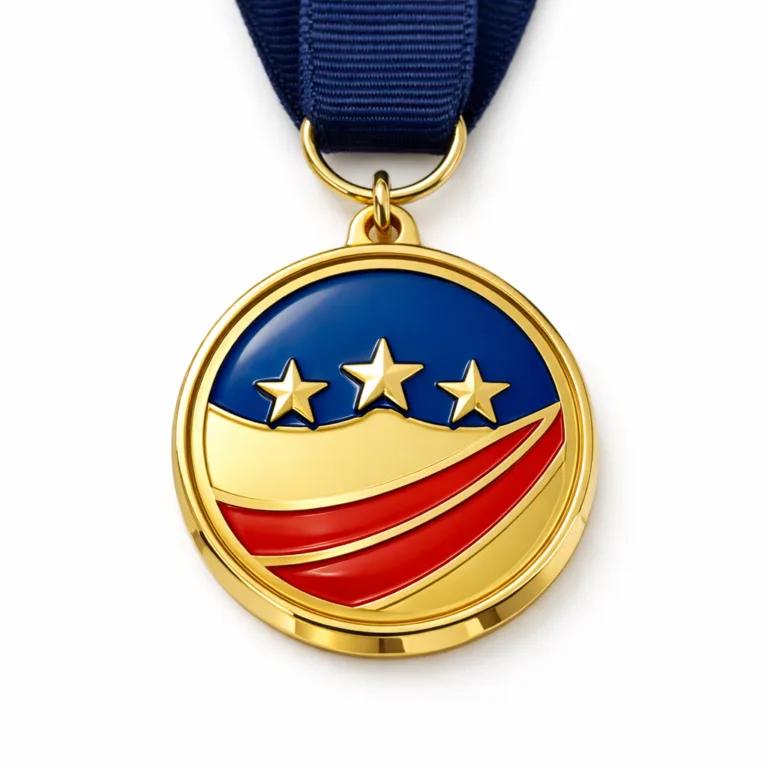 gr corporate recognition gold enamel ribbon A shiny gold zinc alloy corporate recognition medal featuring vibrant blue and red soft enamel accents, a crisply beveled edge, and a standard ring with a minimalist navy ribbon. The high realism and sharp detail make it ideal for e-commerce display.