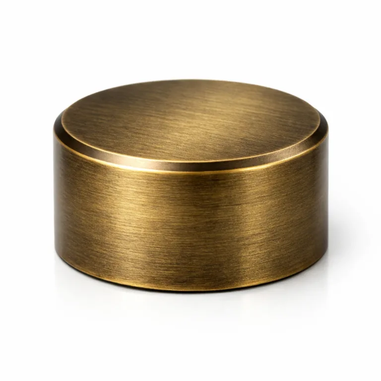 A premium cosmetic bottle cap cover in brass metal, showcased with an antique brass finish, crisp beveled edge, and stylish brushed texture for a touch of vintage elegance.
