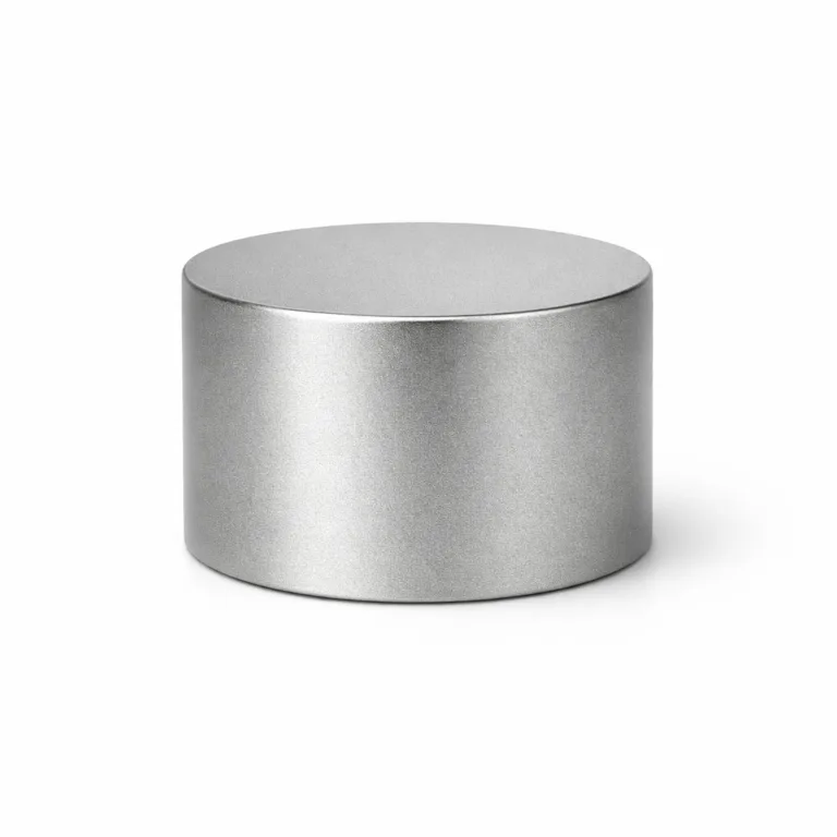 A durable cosmetic bottle cap cover made from stainless steel, featuring a sandblasted matte finish, a 2D flat top, and cylindrical form for a contemporary minimalist aesthetic.