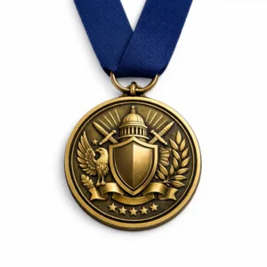 A premium custom logo commemorative medal crafted from zinc alloy with an antique gold finish. Features a detailed 3D relief emblem, crisp beveled edges, classic round shape, and a deep blue plain ribbon. Ideal for award ceremonies and corporate recognition.