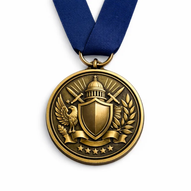 gr custom logo medal antique gold relief A premium custom logo commemorative medal crafted from zinc alloy with an antique gold finish. Features a detailed 3D relief emblem, crisp beveled edges, classic round shape, and a deep blue plain ribbon. Ideal for award ceremonies and corporate recognition.