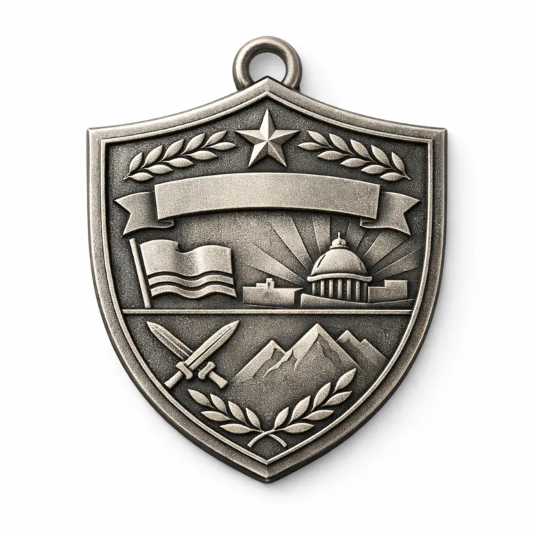 This custom commemorative medal is made with a brass look and antique silver matte finish. The sandblasted shield shape highlights a 2D flat emblem and features a standard ring for attaching a ribbon. Perfect for special events and recognition awards.