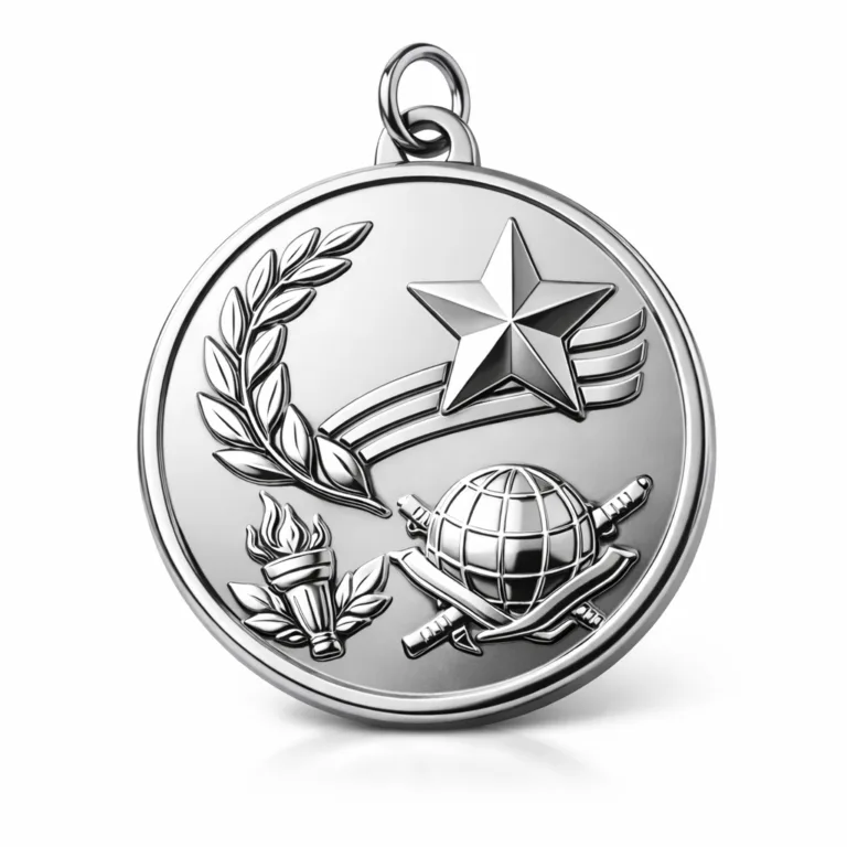 A modern custom logo commemorative medal featuring a stainless steel look with shiny nickel plated, mirror polished surface. The 2D flat relief emblem is set on a circular form with soft rounded edge and standard ring, ideal for corporate gifts or sporting events.